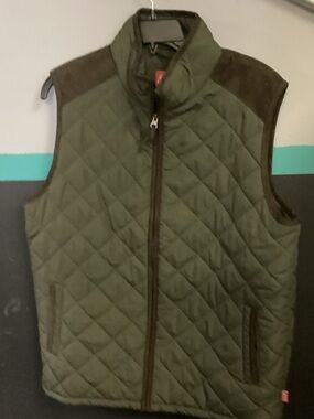 Coleman Olive Green Quilted Vest with Brown Trim